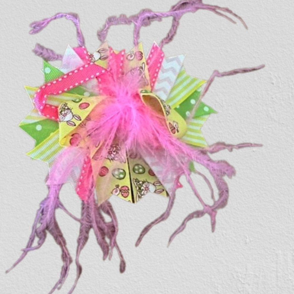 Yellow & Pink Easter Feather Deluxe Bow 5B4516 NWT Boutique